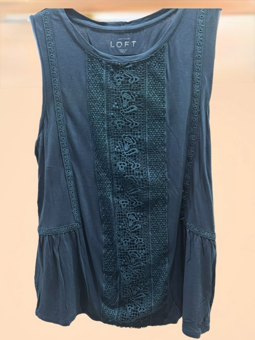 LOFT Green Crochet-Front Sleeveless Peplum Tank